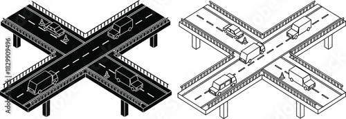 Isometric illustration of highway overpasses with vehicle traffic and detailed road structure