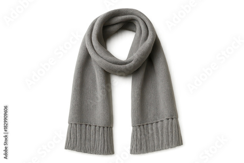 Soft gray knitted scarf with fringes isolated on transparent background, cozy