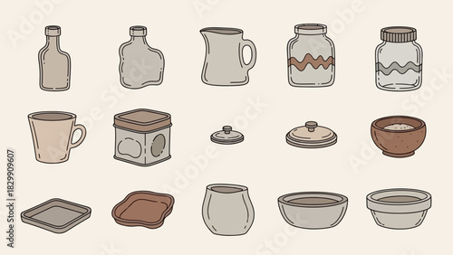 Collection of Hand Drawn Ceramic Kitchenware and Containers.