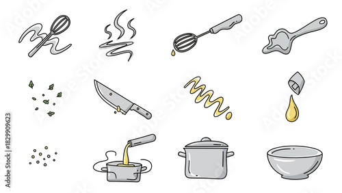 Collection of hand-drawn cooking and kitchen icons representing various culinary elements and tools.