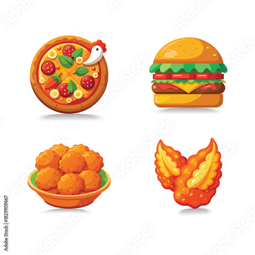 Four delicious fast food icons pizza burger nuggets and chicken wings