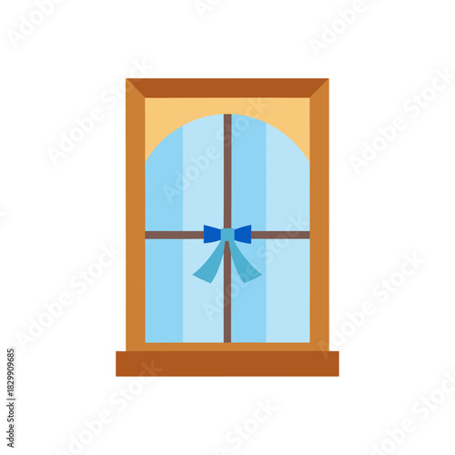 Illustration of a window with a blue ribbon bow tie on transparent background