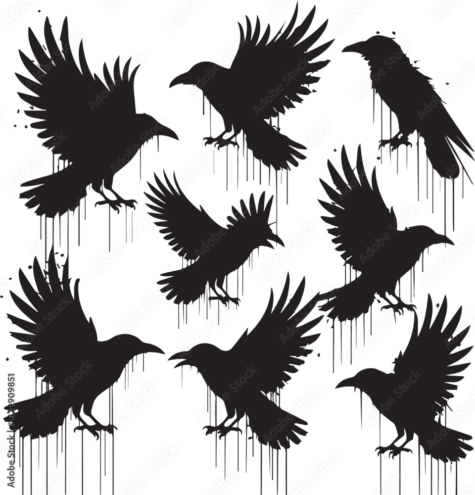 Naklejka premium Silhouetted Ravens Flock with Dripping Paint Effect