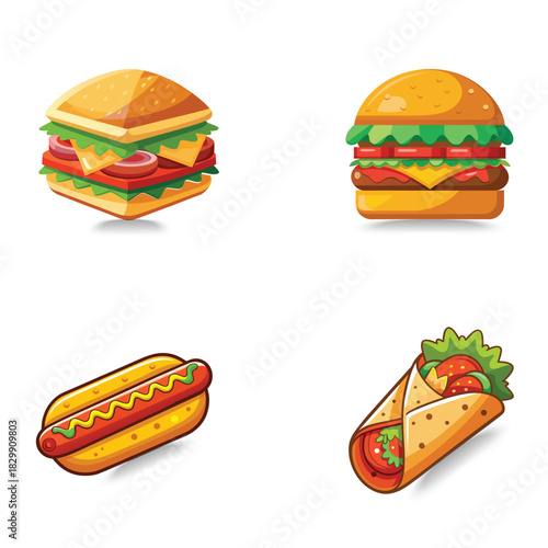 Four delicious fast food icons burger sandwich hot dog and wrap