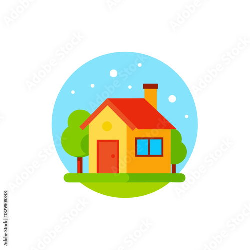Illustration of a house with trees and a blue sky on transparent background