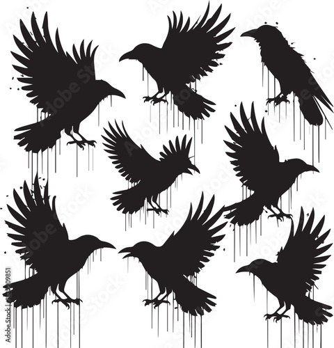 Silhouetted Ravens Flock with Dripping Paint Effect