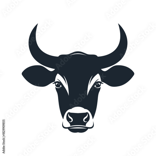 Minimalist illustration of a dark blue cow head with horns