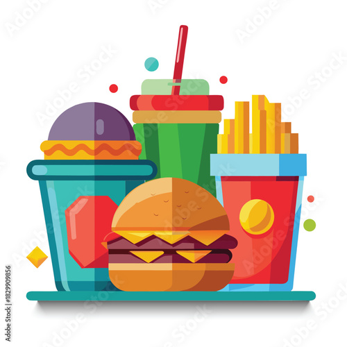 Vibrant cartoon fast food meal with drinks and fries