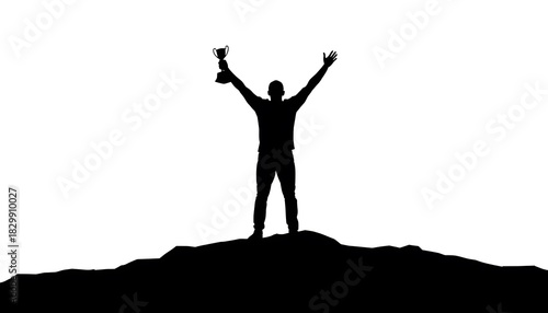 Silhouette of Victorious Man Holding Trophy on Mountain Peak: Concept of Business Success, Leadership, and Achievement