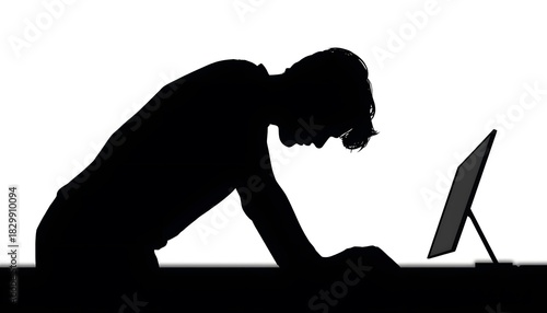 Silhouette of Stressed Man Leaning Over Computer: Concept of Workplace Burnout, Deep Focus, and Deadline Pressure