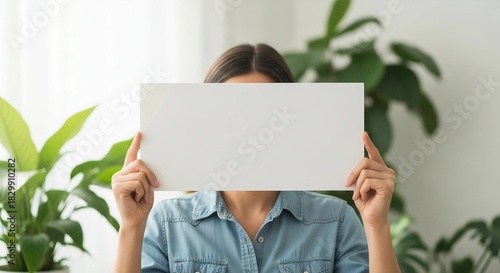 Woman holding blank white sign covering face for message text