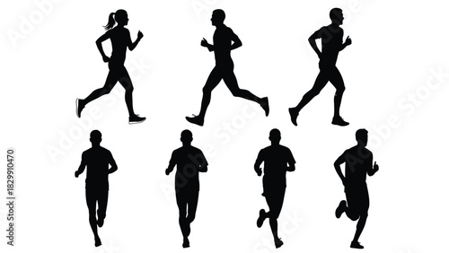 Running People Silhouettes Set. Men and Women Jogging and Sprinting Vector Collection