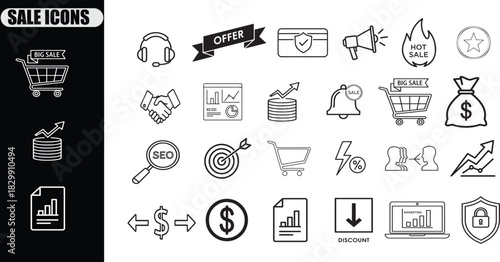 Vector illustration of set of handdrawn black and white line icons for sale, commerce, marketing, finance, and business concept