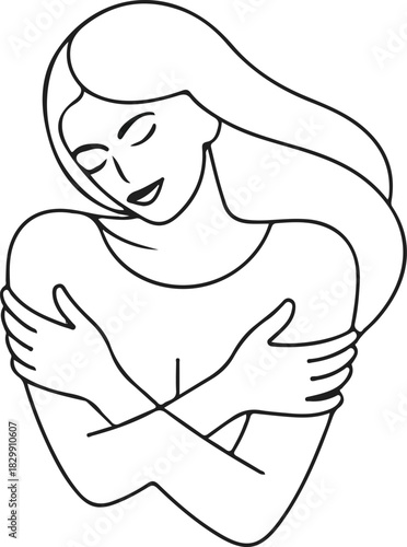 Line art woman practicing self-love and calm, Minimalist line drawing of a woman hugging herself, symbolizing self-love, confidence, mental wellness, and emotional balance for inspirational or wellne
