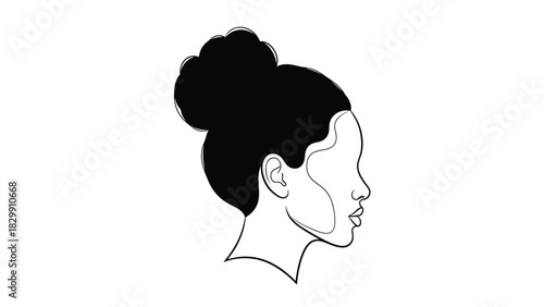 Minimalist Continuous Line Drawing of a Woman's Face Profile with a Black Hair Bun Vector Illustration