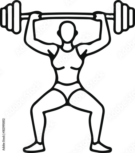 Female weightlifter line art doing overhead squat, Minimalist outline illustration of a strong woman performing an overhead squat with a barbell, ideal for fitness, gym, and training concepts.

