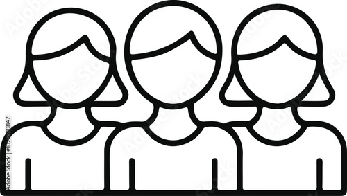Three female avatar line icon for team profiles, Simple line illustration of three female avatars standing together, representing teamwork, community groups, user profiles, and collaborative digital 
