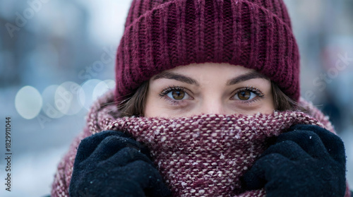 Young Woman in Winter Hat and Scarf Looking at Camera in Snowy Environment
