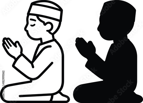 Muslim boy praying on mat line art and silhouette design, islamic icon for ramadan, eid al-fitr, and eid al-adha
