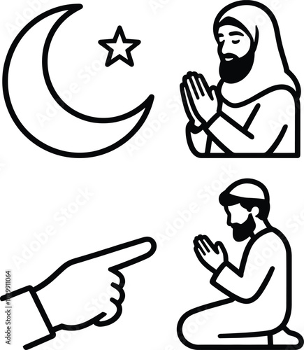 Islamic icon set featuring crescent moon and star, muslim pray woman, pointing hand, and muslim pray man for religious themes