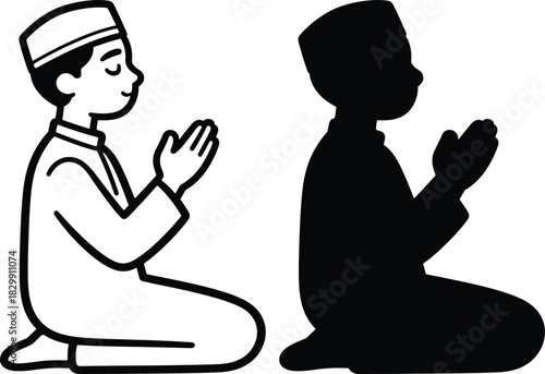 Muslim man praying in traditional attire, kneeling with hands folded and head bowed vector islamic icon