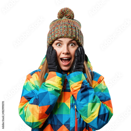 Excited young woman in a colorful geometric ski jacket and knitted pom-pom hat, expressing surprise with hands on her face, isolated on black.
