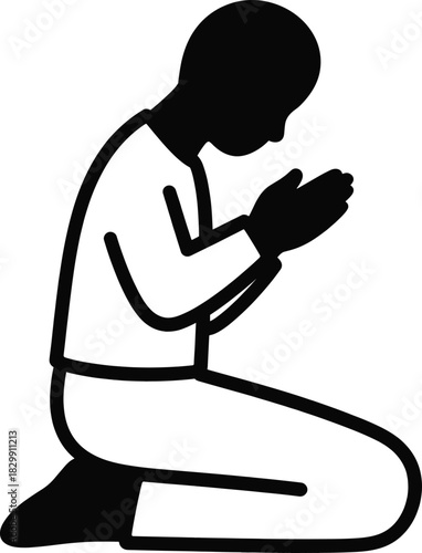 Muslim pray icon depicting individual kneeling in prayer with hands clasped, minimalist black vector illustration for worship concepts