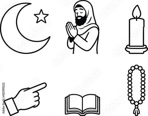 Muslim pray and islamic icon collection: crescent moon star, praying man, candle, pointing hand, holy book, rosary beads