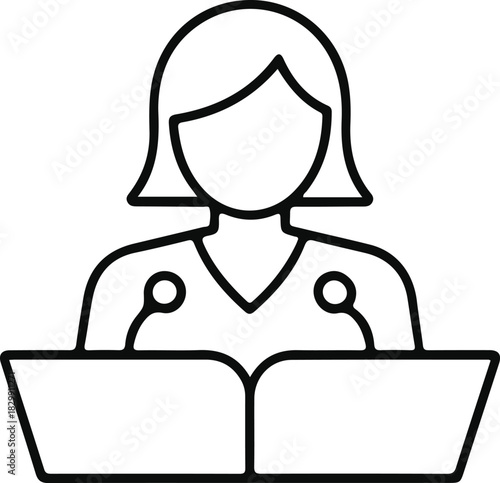 Female speaker icon for public presentation, Minimal line art icon showing a woman speaking at a podium with microphones, symbolizing presentations, conferences, lectures, or public communication.

