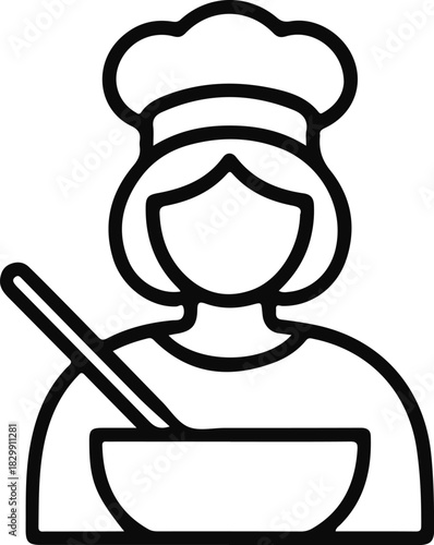 Chef icon mixing ingredients in bowl illustration, Simple line-art illustration of a chef stirring a bowl, ideal for cooking apps, recipe websites, culinary guides, or food-related branding.

