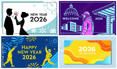 2026 New Year Set. Abstract modern vector illustrations of New Year designs for 2026, Year of the people. Lanterns, people, house, stars and traditional elements for icons and print