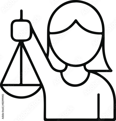 Woman holding justice scales line icon, Minimal outline icon of a woman raising a balance scale, representing justice, fairness, law, legal work, equality, and ethical decision-making.

