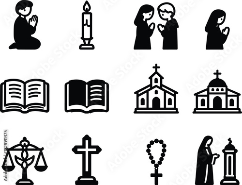 People praying, candle, bibles, churches, scales, cross, rosary, and nun vector islamic icon set
