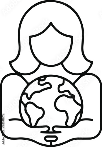 Woman holding Earth global care line icon, Minimal outline icon of a woman embracing a globe, symbolizing global responsibility, environmental awareness, international unity, and world protection.

