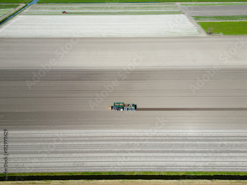 Aerial view of an agricultaral machine for planting tulip bulbs, the Netherlands
