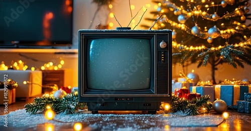 Vintage television set amidst festive holiday decorations. Warm lights, gifts, pine branches create cozy winter scene.
