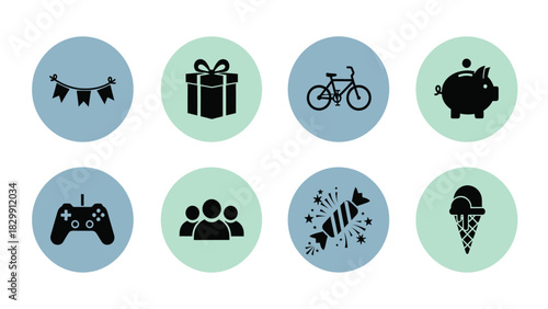 Flat Vector Icon Set for Celebration, Finance, Hobbies, Gaming, and Food