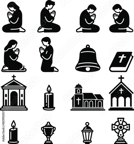 People praying, church buildings, bible, bell, candle, chalice, cross, and grave lamp vector islamic icon set