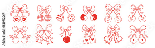 Doodle cherry and bow ribbon Y2K design elements. Retro coquette style line art with vintage tattoo vibes. Cute pink hearts,disco and love motifs for trendy stickers,collage graphics,nostalgic project