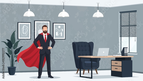 Confident Businessman Wearing a Red Cape in a Modern Office