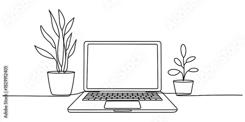 Continuous line drawing of a laptop computer with two potted green plants on a minimal desk, representing remote work, eco-friendly technology. Vector, illustration