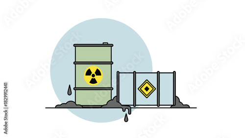 Vector illustration of leaking hazardous waste barrels, featuring radioactive and toxic symbols, depicting environmental pollution and crisis.