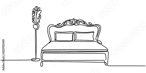 One continuous line art drawing of elegant vintage bed with ornate headboard, two pillows, and a decorative floor lamp. minimalist bedroom interior design concept. Vector, illustration
