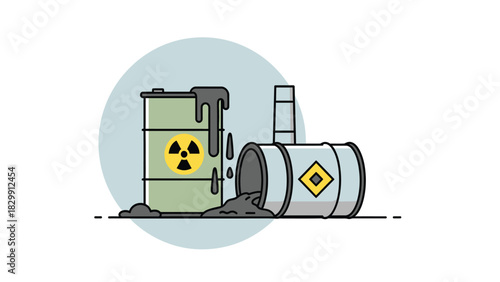 Hazardous Industrial Waste Spill Illustration - Leaking Barrels with Nuclear and Toxic Symbols