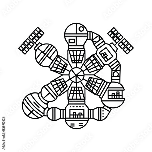 Futuristic Space Station Modules in Radial Pattern Outline Icon