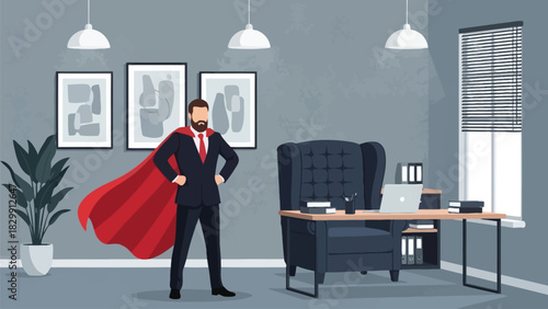 Executive Superhero: Powerful Businessman in Red Cape Standing Confidently in a Modern Executive Office