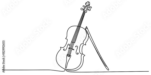 Continuous line art drawing of a classic violin with its bow, a minimalist musical instrument illustration depicting artistic harmony and melody. Vector, illustration