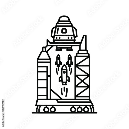 Space Rocket Launch System Outline Icon with Boosters and Capsule on Mobile Platform