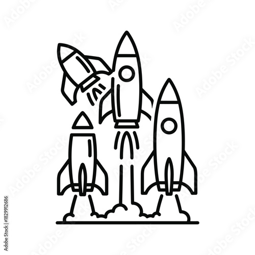 Three Rockets Launching and Flying Line Art Icon - Concept of Startup, Growth, and Progress