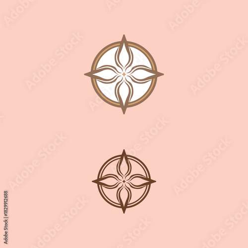 Elegant boho emblem featuring a four-petal floral symbol inside a circular frame, presented in two refined line-art styles for modern branding, decor, and wellness designs.